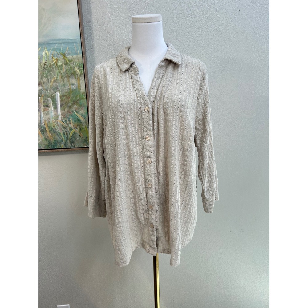 Fred David Cream Textured Button Front Blouse 3/4 Sleeve Collared Top Plus‎ Size